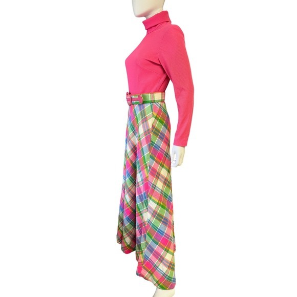 Vintage 60s 70s mod Pink Turtleneck Plaid Maxi Dress One piece Belted Retro - Picture 5 of 11